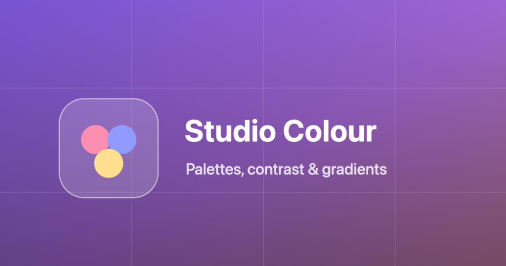 Studio Colour blog cover — palettes, contrast and gradients, on a purple gradient