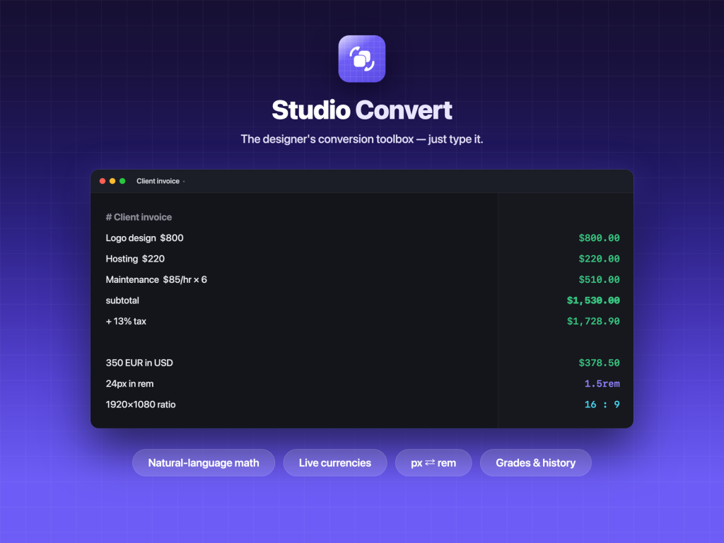 The Studio Convert panel open on macOS, converting a design value