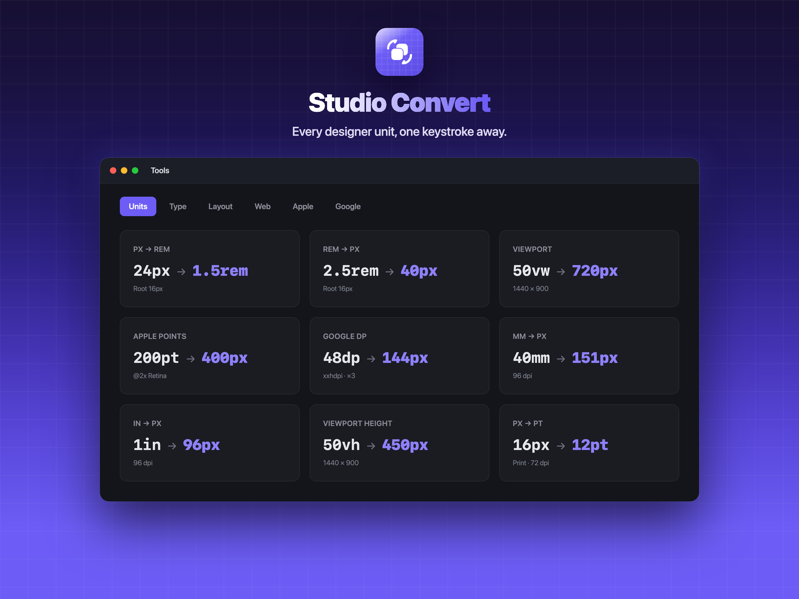 Studio Convert designer units: px to rem, viewport, Apple and Google points