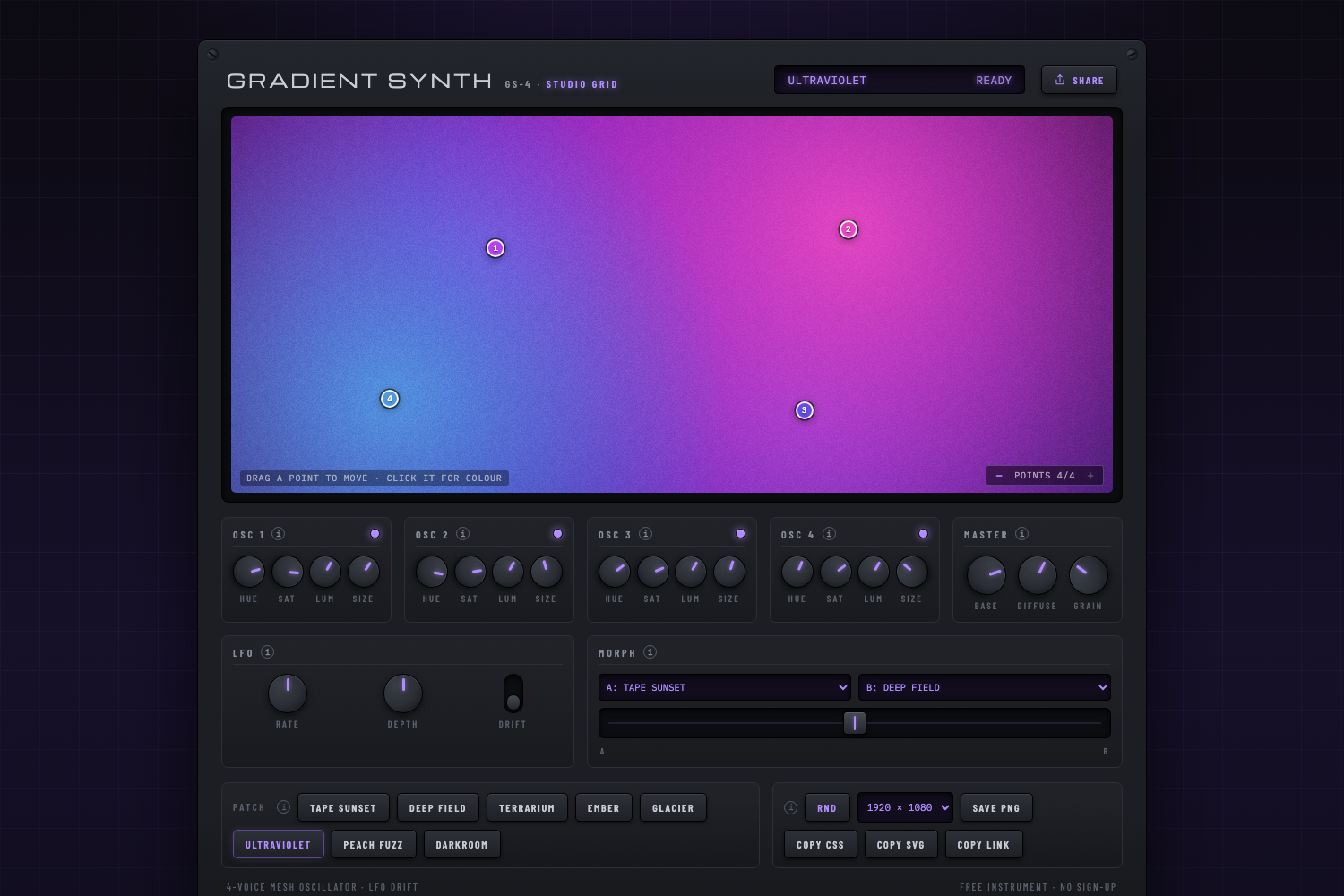 Gradient Synth interface: a dark hardware-style panel with a purple mesh gradient on screen, four oscillator modules with knobs, LFO and morph sections