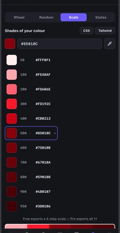 Studio Colour shade scale generator showing steps 50 to 950
