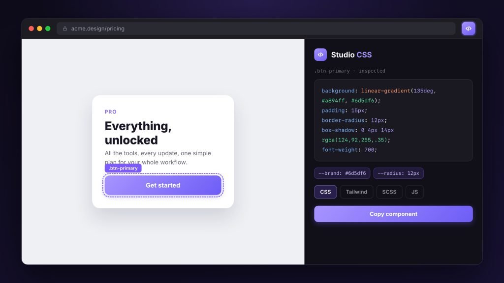 Studio CSS extension — a CSS code panel with a 'Copy component' action and an 'Everything, unlocked' card