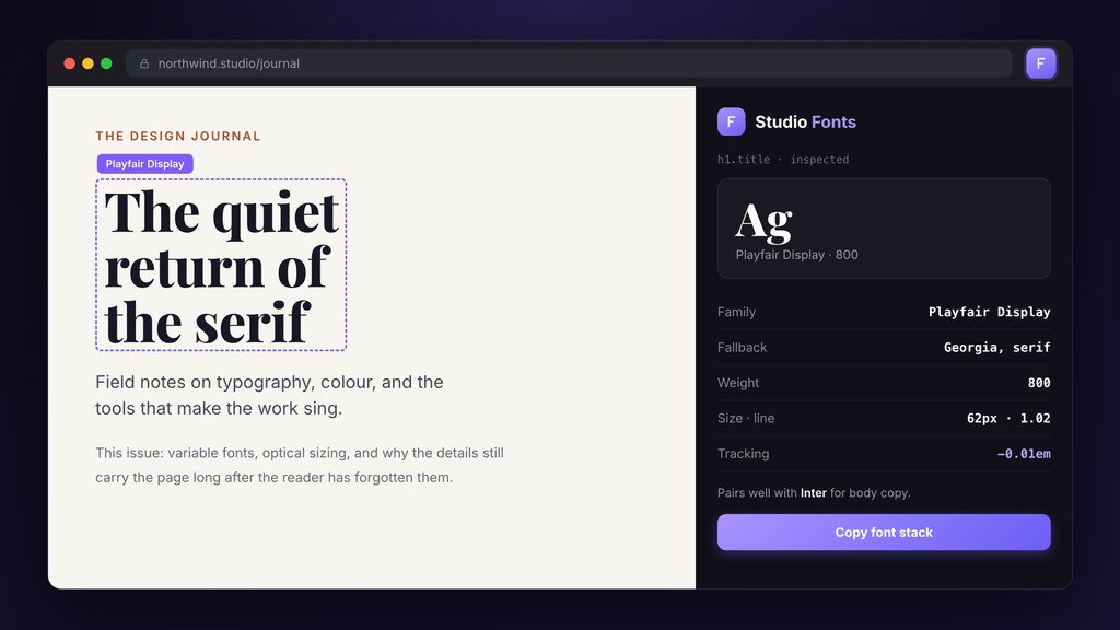 Studio Fonts preview — an article titled 'The quiet return of the serif' with a font panel showing Playfair Display