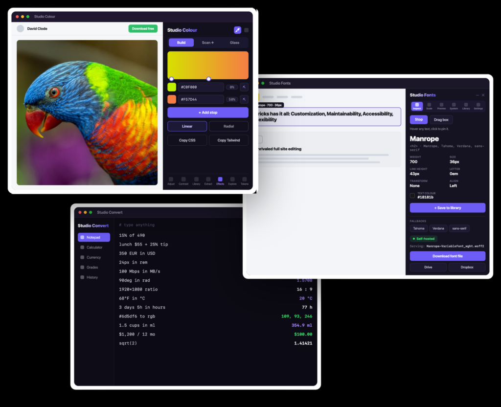 The Studio Grid suite of tools, shown as a cascade of app windows