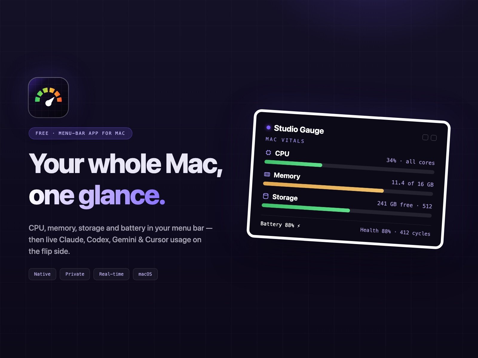 Studio Gauge — Mac vitals panel showing CPU, memory, storage and battery