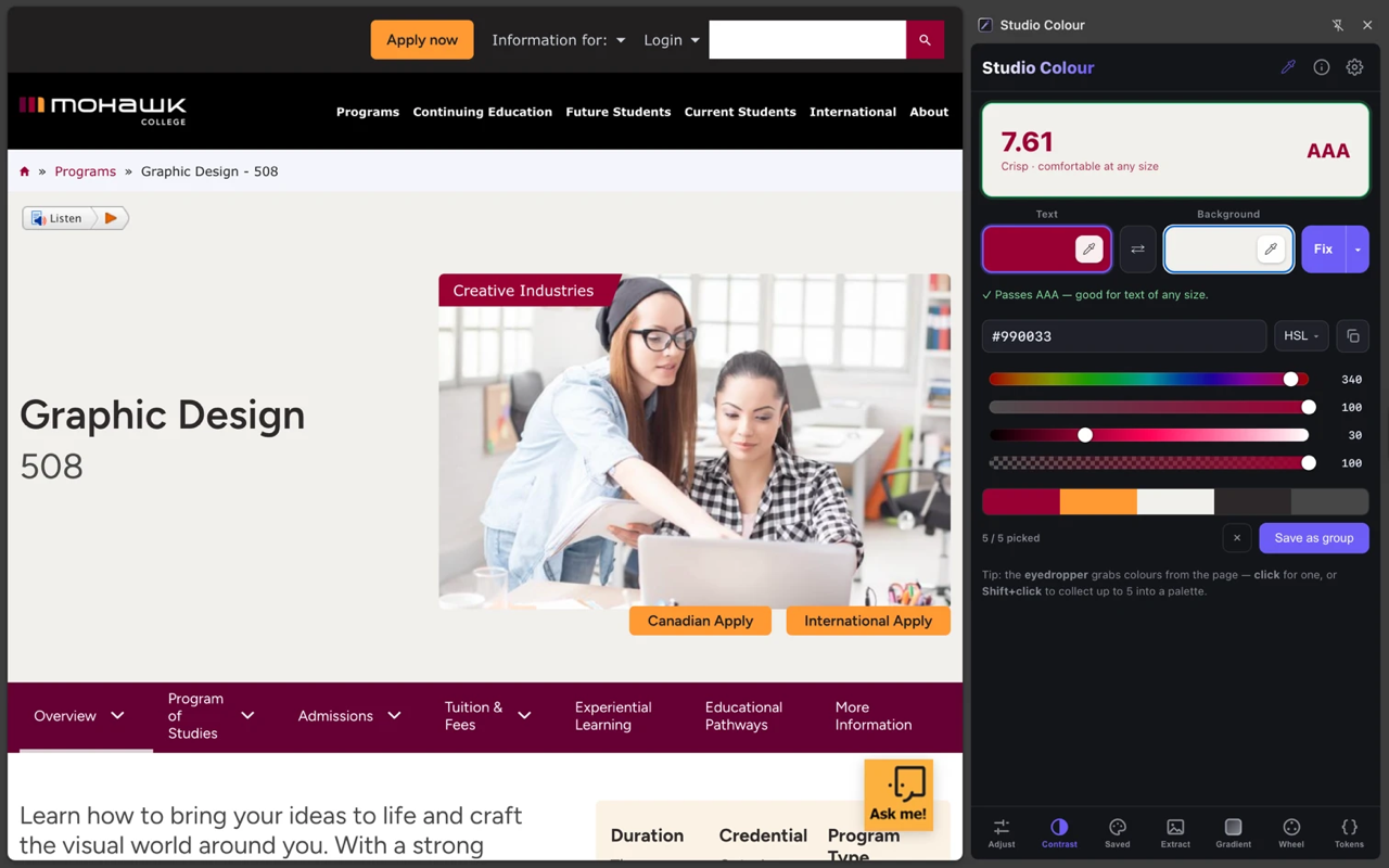 Studio Colour docked beside a college web page, checking contrast between a burgundy and cream pair at 7.61, AAA