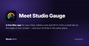 The Studio Gauge app icon beside the words Meet Studio Gauge on a dark purple background