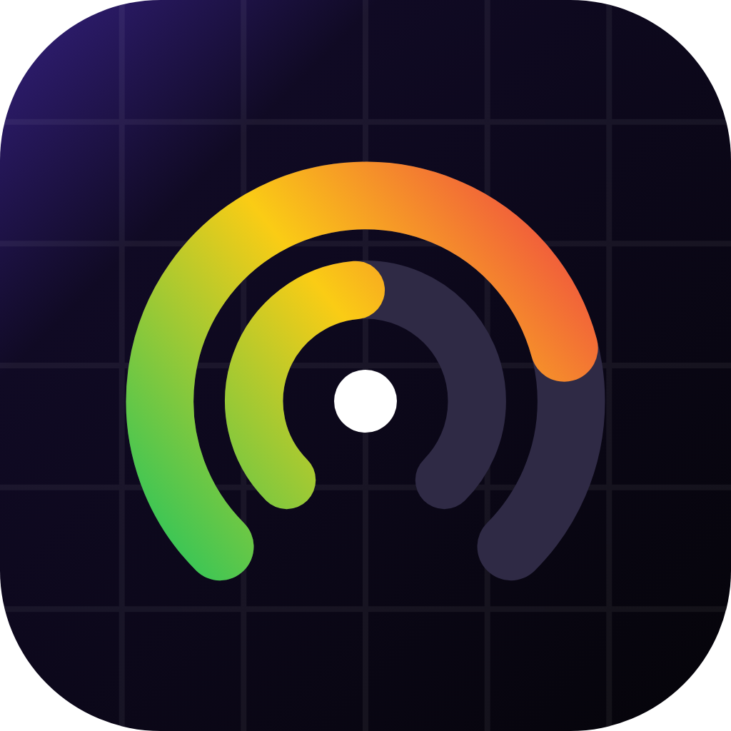Studio Gauge app icon, curved gauge arcs shading from green to orange on a dark grid