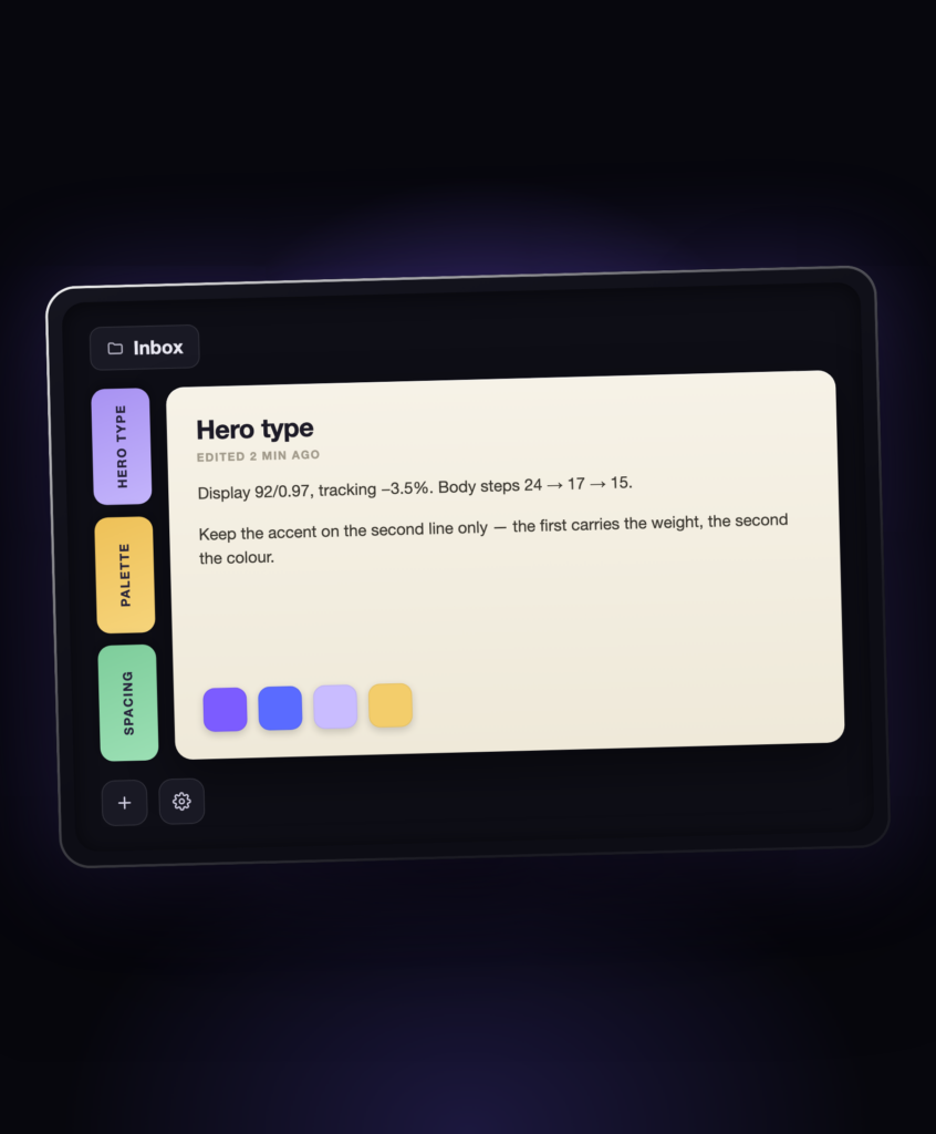 Studio Shelf mockup — a notes app showing a 'Hero type' note card with coloured tabs