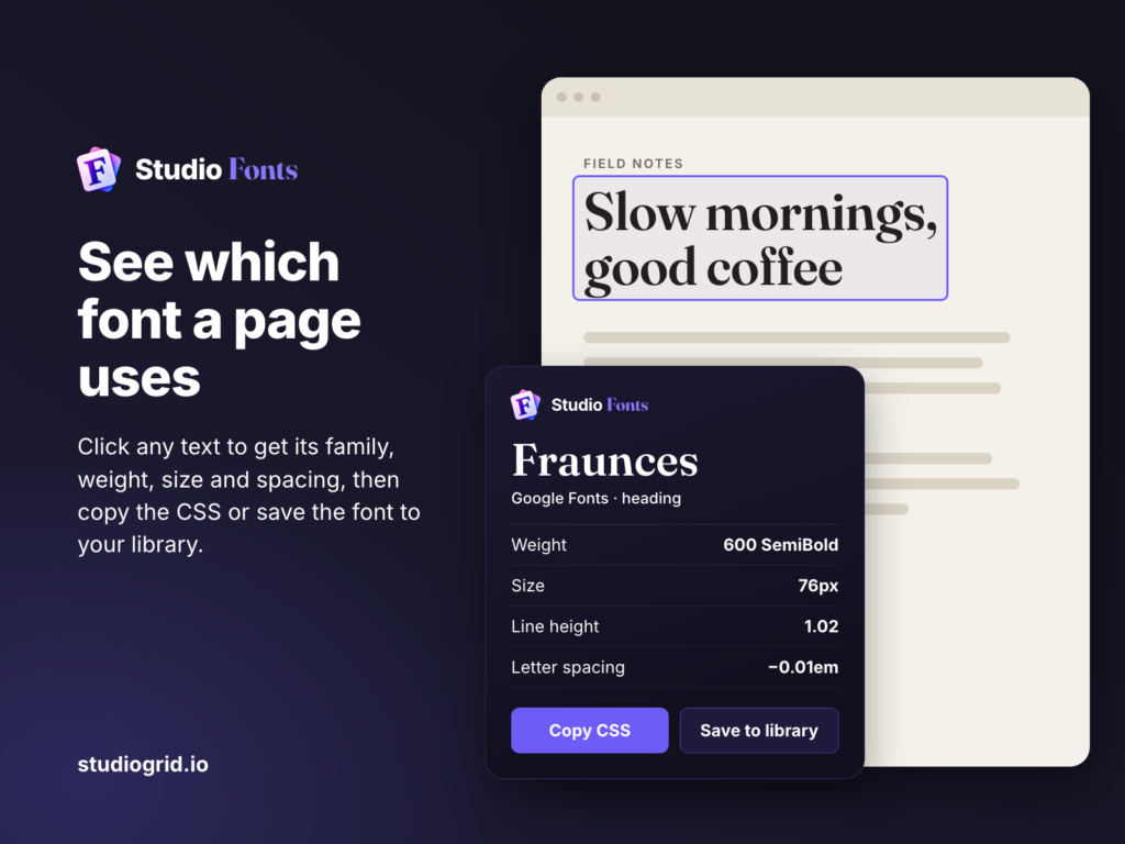 Studio Fonts inspecting a heading: font name, source and CSS