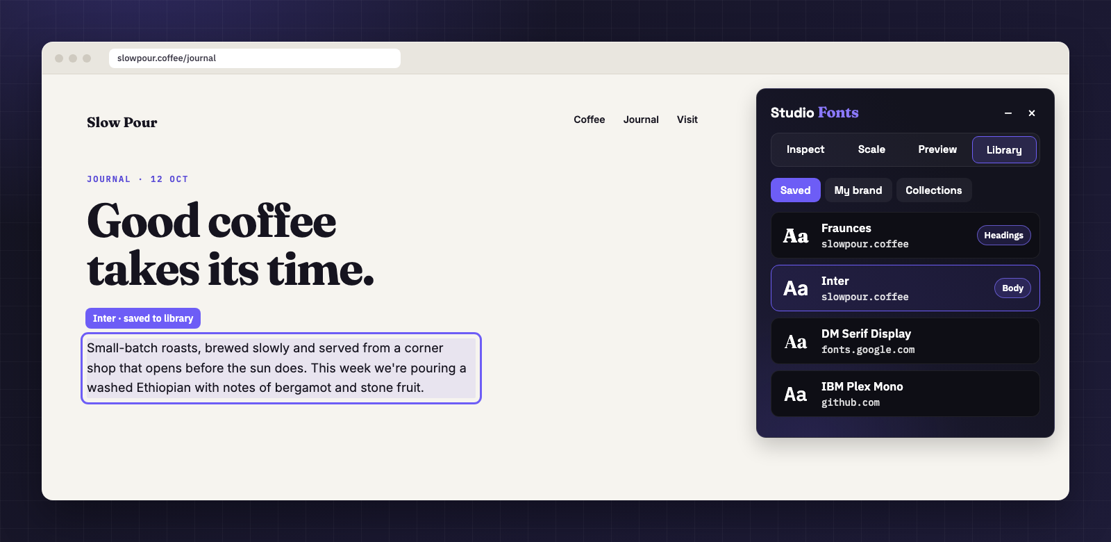 Studio Fonts Library tab listing saved fonts Fraunces and Inter from this page, plus DM Serif Display and IBM Plex Mono with the sites they came from