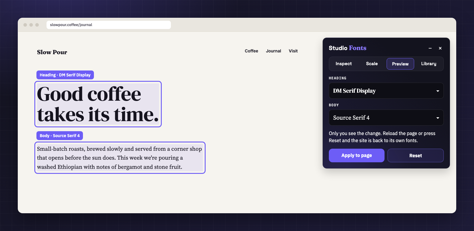Studio Fonts Preview tab applying DM Serif Display to the headings and Source Serif 4 to the body text of the same page