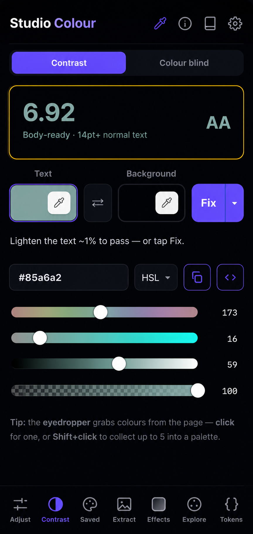 Checking WCAG and APCA contrast in Studio Colour